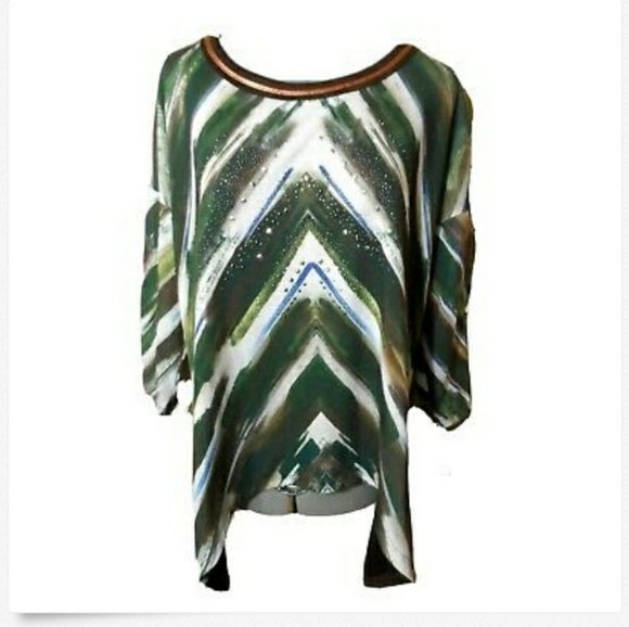 FRENCH BLUE Rhinestone Blouse M Green Brown fancy - Picture 2 of 8